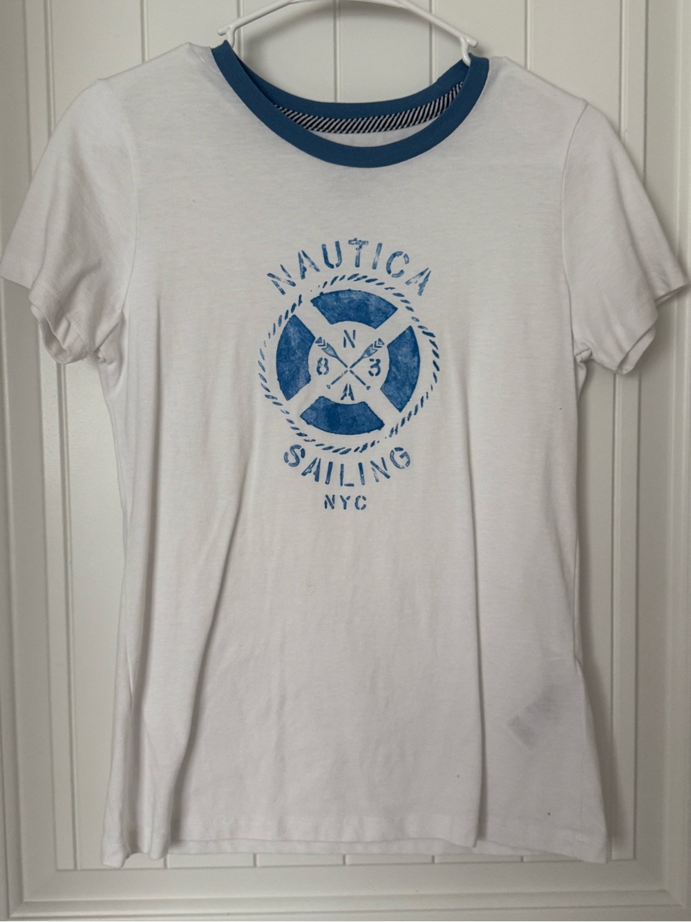 Nautica White Short Sleeve Logo Tee with Blue Trim